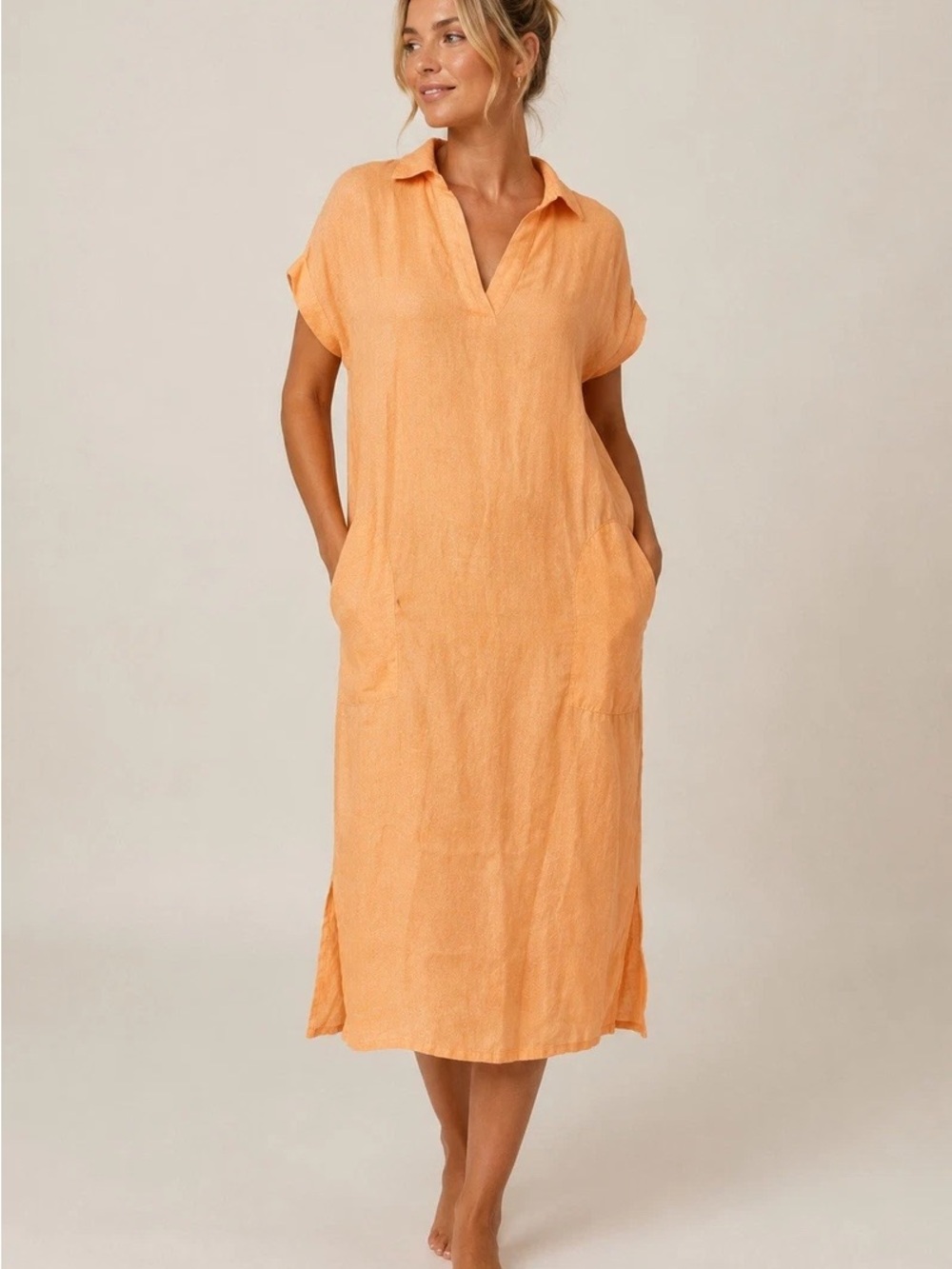 Tahari Peach-Orange Maxi Linen Shirt Dress with V-Neck Sz S